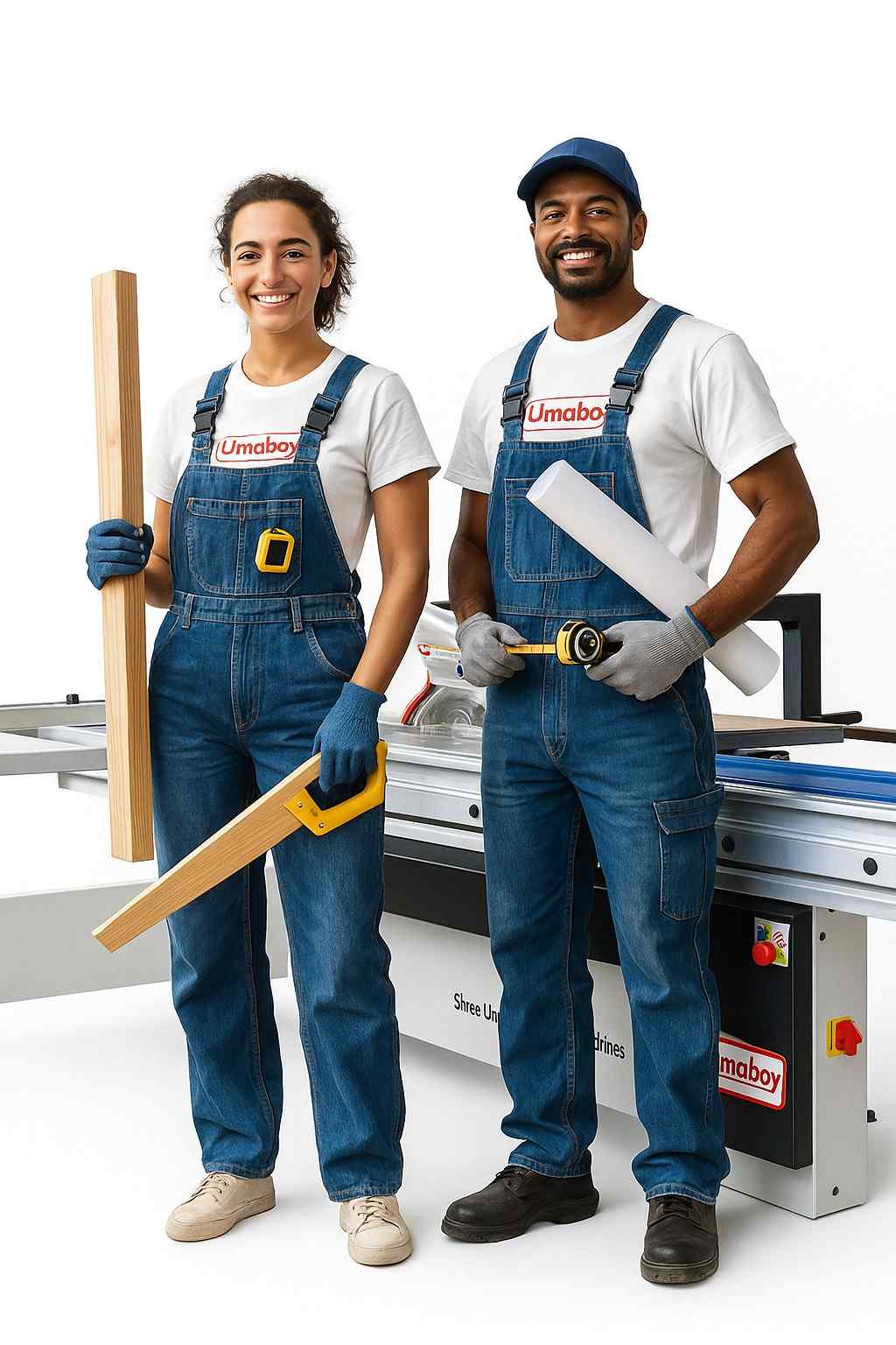 Woodworking machine experts stand near panel saw machine of umaboy